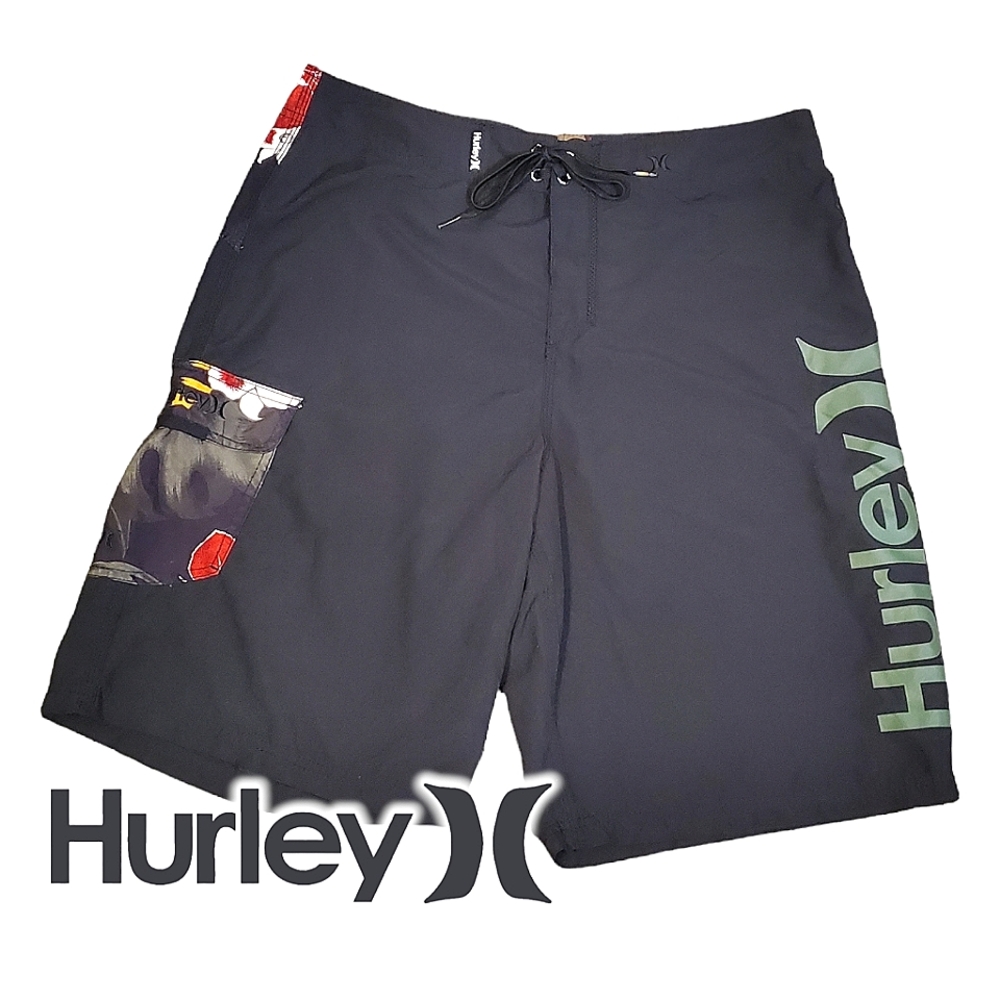 HURLEY | Men's black with tropical-floral  trim drawstring-waist swim trunks.
